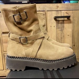 Vince Camuto Messtia Motorcycle Boot with chain accent, lugsoles, camel, size 10